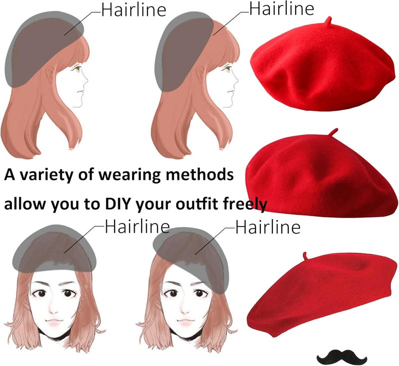 UTOWO Women French Beret Men Classic Stretchable Solid Beanie with Fake Mustache for Halloween-Mime Cosplay Accessory - Image 5